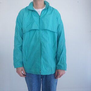 Vintage '80S Brooks Teal Nylon Stowaway Hood Zip Up Waterproof Rain Jacket L